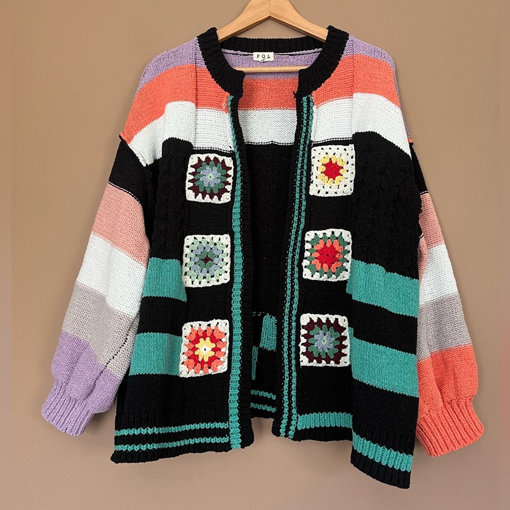 {POL} Oversized Chunky Knit Sweater Cardigan with Granny Squares - Womens Medium